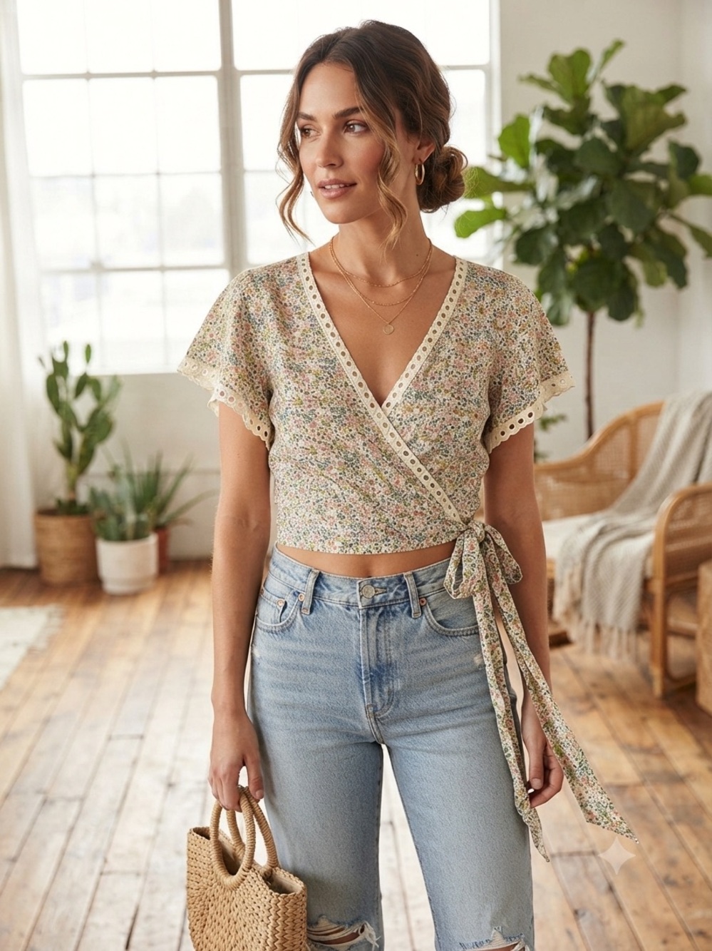Eyelit Trim Floral Wrap Crop Top - Cream Multi